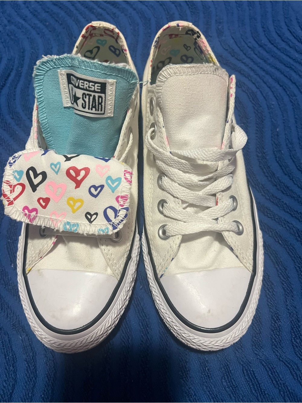 Converse White Sneakers with Multicolor Heart Print and Teal Insole